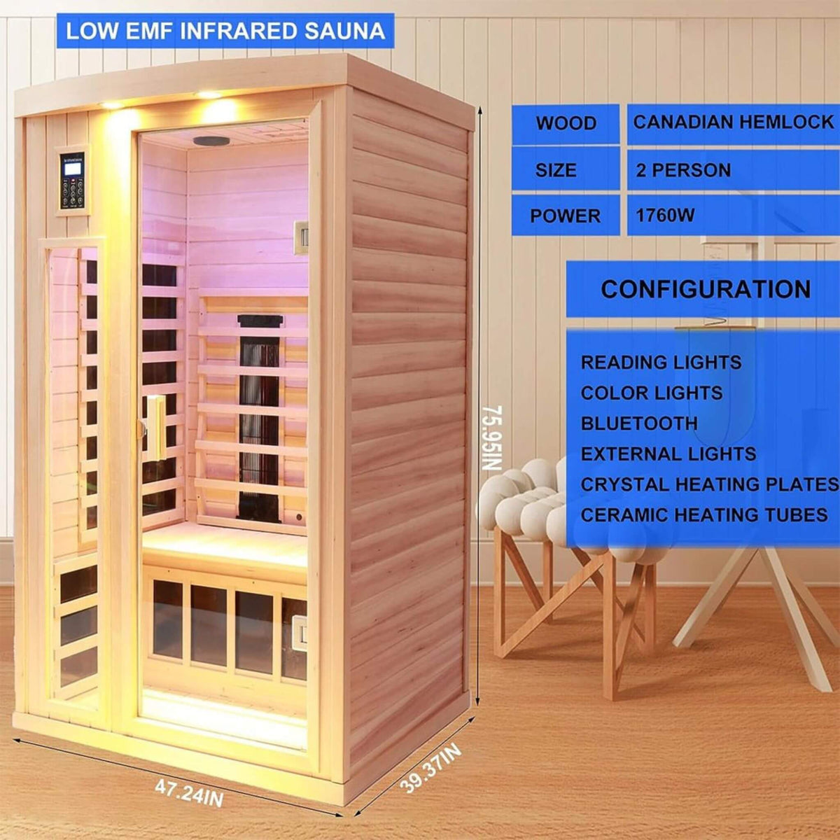 Orien Premium 2-Person Low EMF Far-Infrared Sauna With Ceramic Heaters | 1,760W