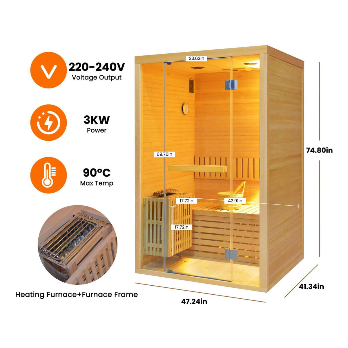 Alpine Premium 2-Person 3KW Hemlock Wood Sauna With LED Wall Light