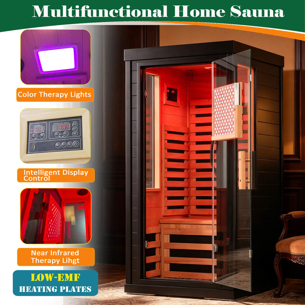 2-Person Low EMF Indoor Infrared Sauna With Red Light Therapy