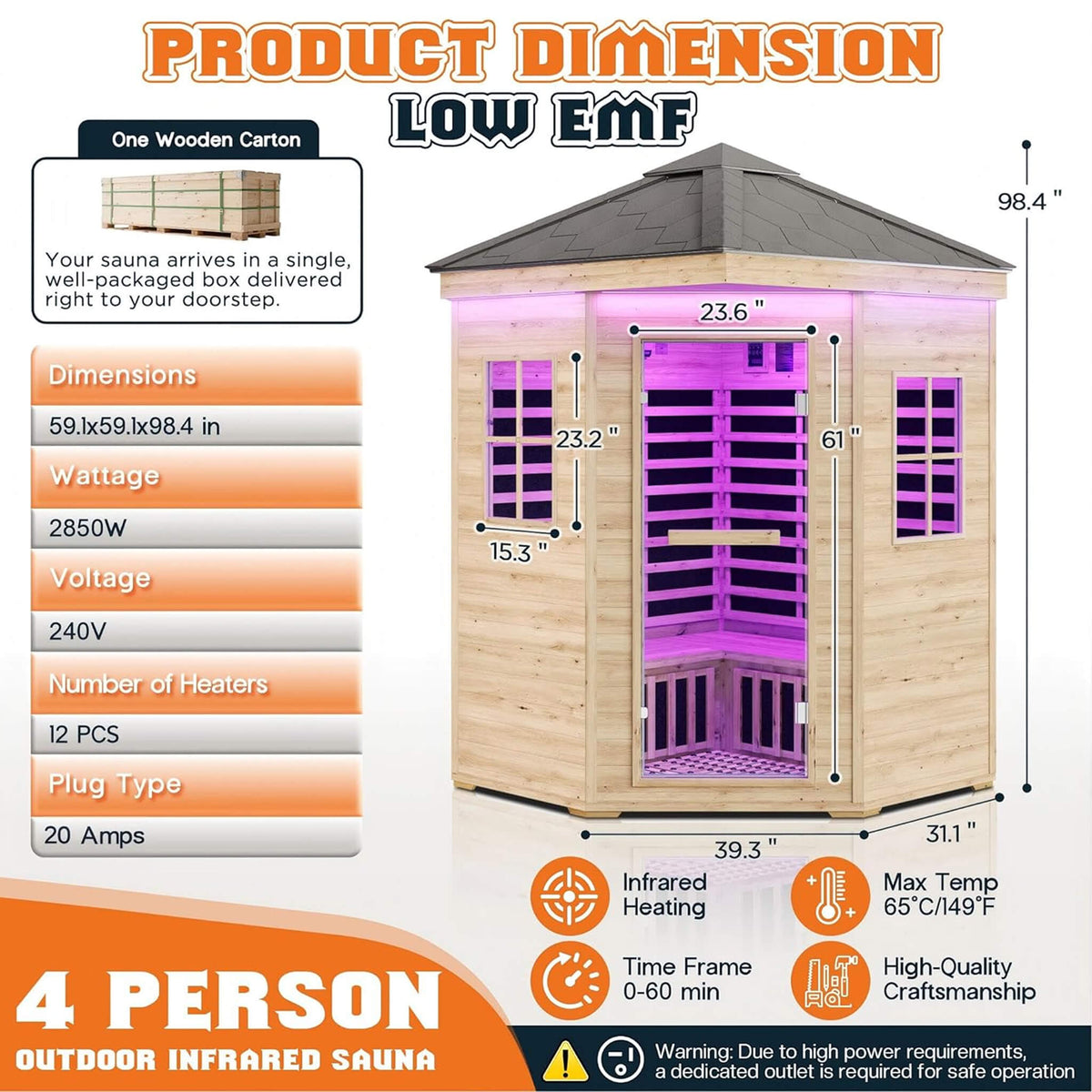 Monaco 4-Person Low EMF Spruce Wood Outdoor Infrared Sauna With Bluetooth Speakers & LED Lights