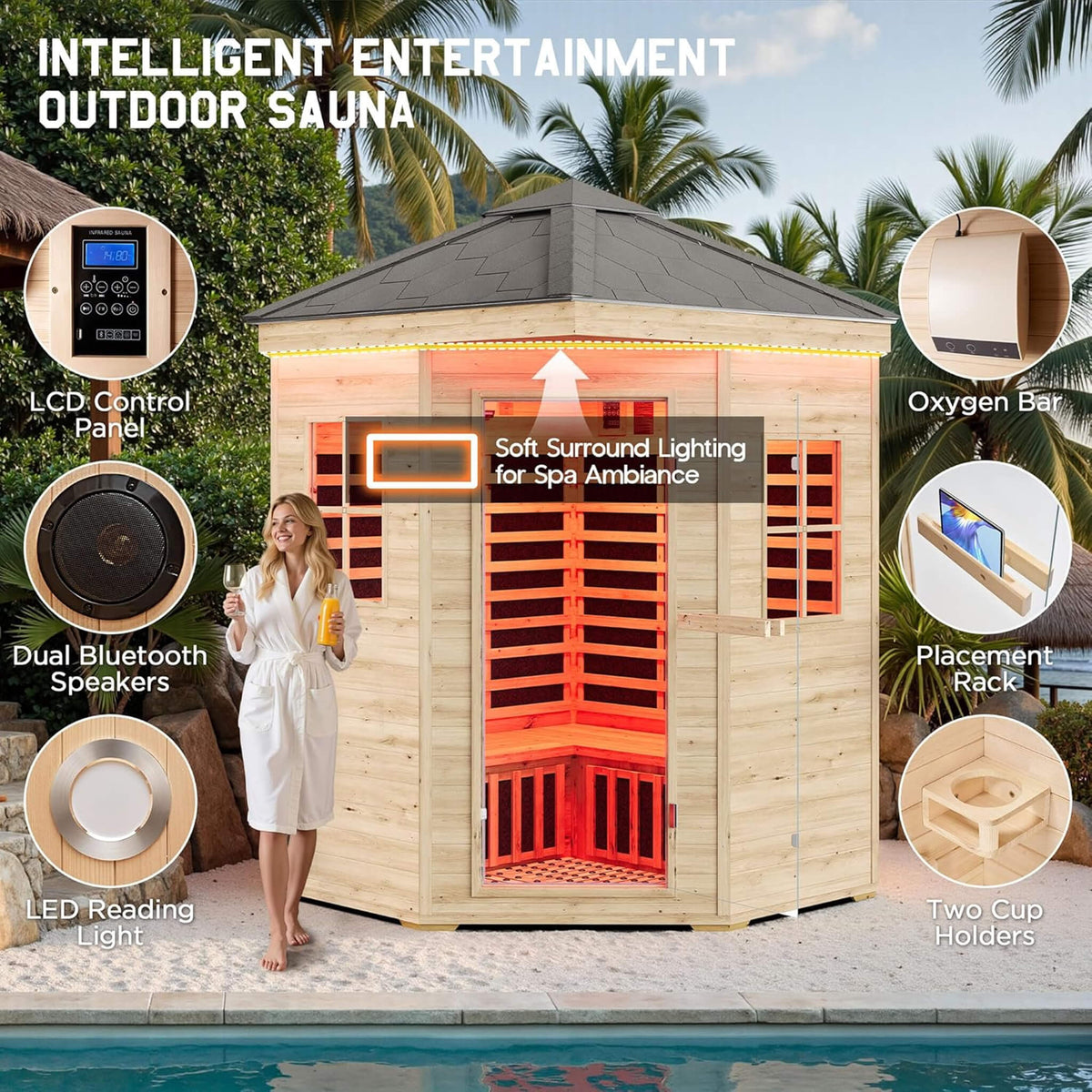 Monaco 4-Person Low EMF Spruce Wood Outdoor Infrared Sauna With Bluetooth Speakers & LED Lights