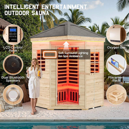 Monaco 4-Person Low EMF Spruce Wood Outdoor Infrared Sauna With Bluetooth Speakers & LED Lights