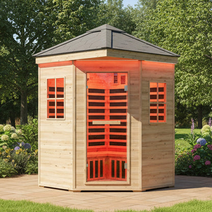 Monaco 4-Person Low EMF Spruce Wood Outdoor Infrared Sauna With Bluetooth Speakers & LED Lights