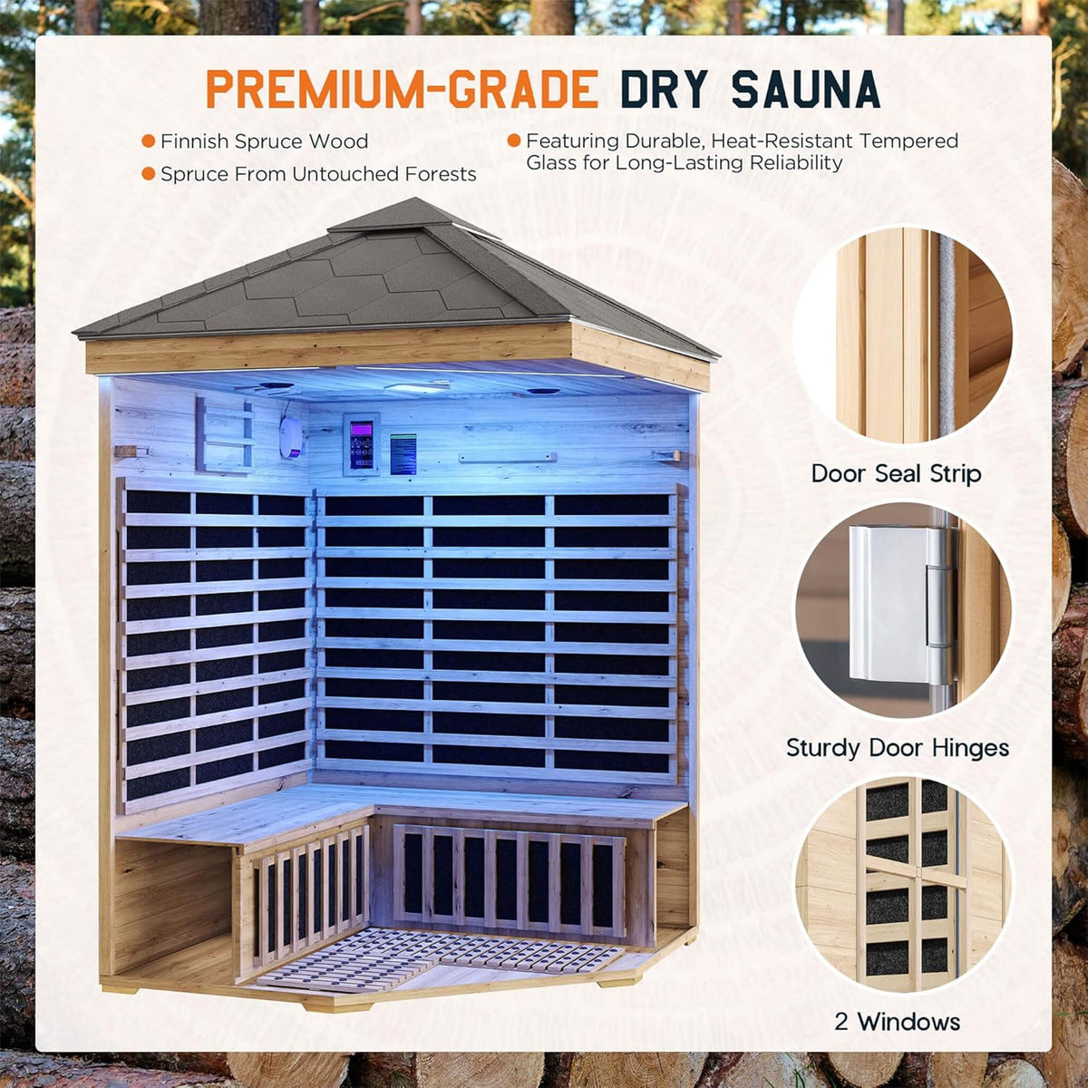 Monaco 4-Person Low EMF Spruce Wood Outdoor Infrared Sauna With Bluetooth Speakers & LED Lights