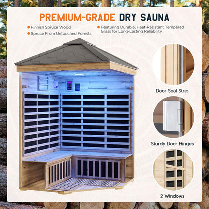 Monaco 4-Person Low EMF Spruce Wood Outdoor Infrared Sauna With Bluetooth Speakers & LED Lights