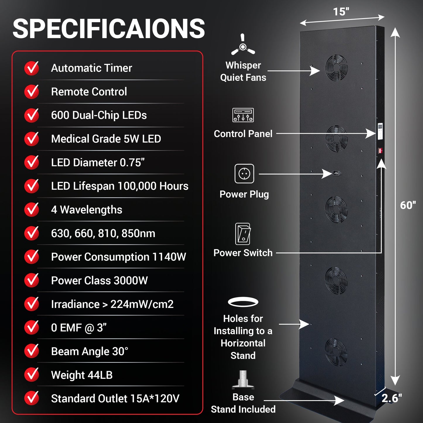 EXESAS Full-Body LED Light Panel | 600 Dual-Chip LEDs | 630nm, 660nm, 810nm & 850nm