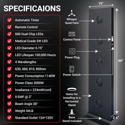 EXESAS Full-Body LED Light Panel | 600 Dual-Chip LEDs | 630nm, 660nm, 810nm & 850nm