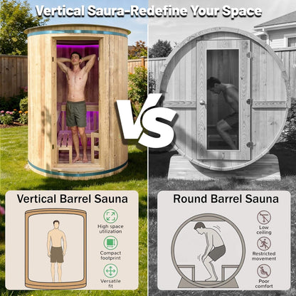Barcelona Premium 78-Inch 4-Person Cedar Wood Outdoor Vertical Barrel Sauna | 6KW Heater | LED Lights & Stones