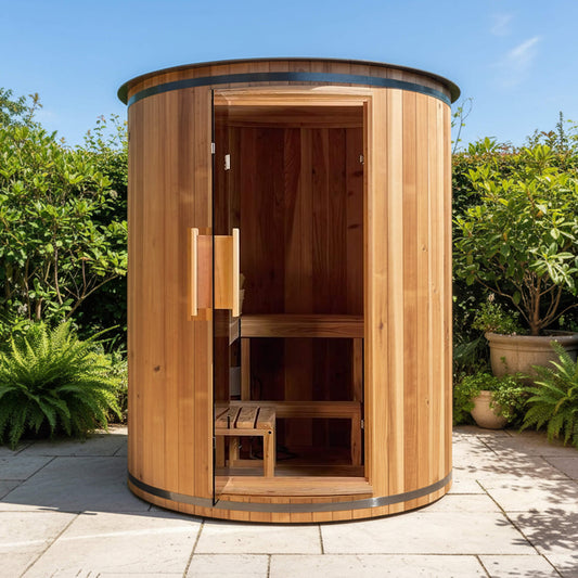 Barcelona Premium 78-Inch 4-Person Cedar Wood Outdoor Vertical Barrel Sauna | 6KW Heater | LED Lights & Stones