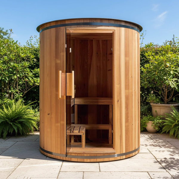 Barcelona Premium 78-Inch 4-Person Cedar Wood Outdoor Vertical Barrel Sauna | 6KW Heater | LED Lights & Stones