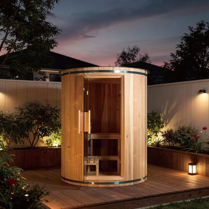 Barcelona Premium 78-Inch 4-Person Cedar Wood Outdoor Vertical Barrel Sauna | 6KW Heater | LED Lights & Stones