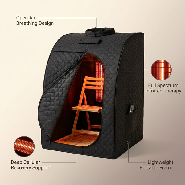 Portable Infrared Sauna Designed for Deep Recovery, Full Spectrum Therapy, Cellular Repair Support — infographic