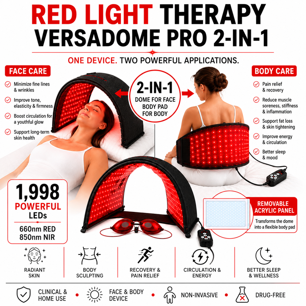 VersaDome Pro 2-in-1 Red Light Therapy Device | Face & Body | 1,998 LEDs
