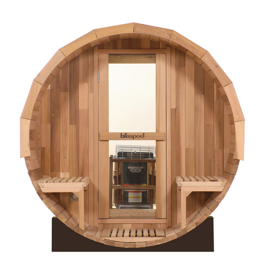 Blisspod Prague Barrel Sauna | Canadian Red Cedar | Full Glass Back | 4–6 Person | 6,000W