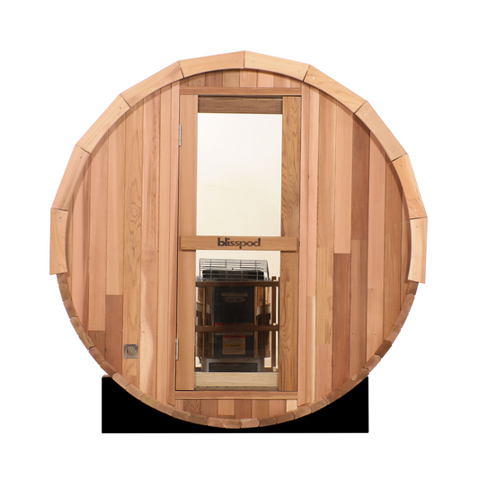 Blisspod Prague 4–6 Person Outdoor Barrel Sauna with Canadian Red Cedar & Glass Back