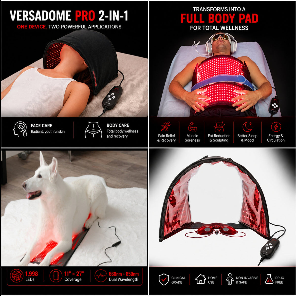 VersaDome Pro 2-in-1 Red Light Therapy Device | Face & Body | 1,998 LEDs