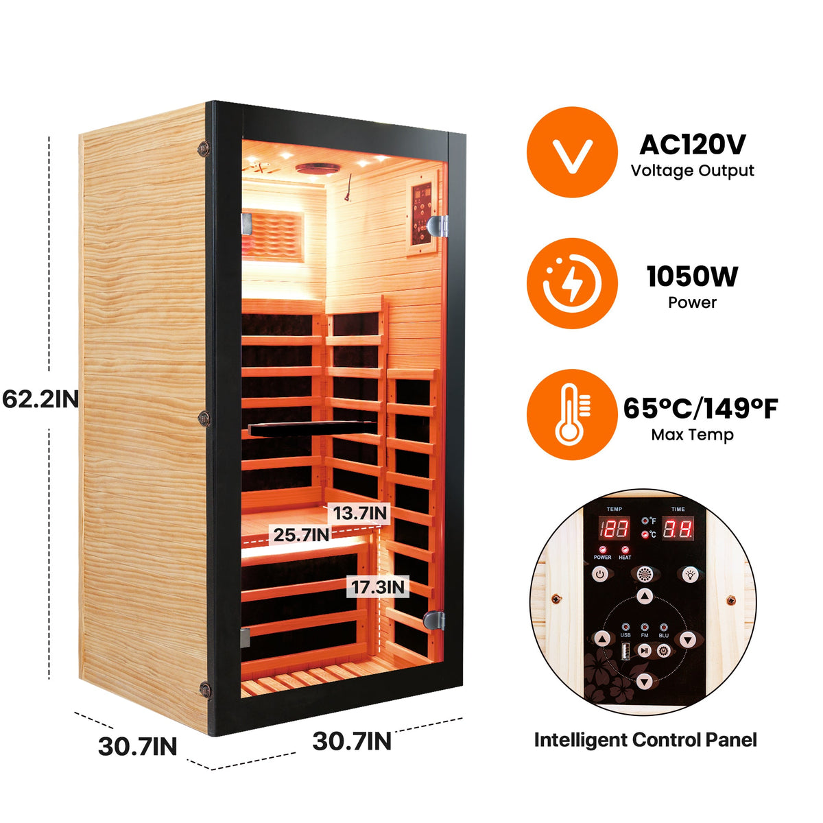 1-Person Chilean Pine Sauna Cabin with 8 Heating Plates
