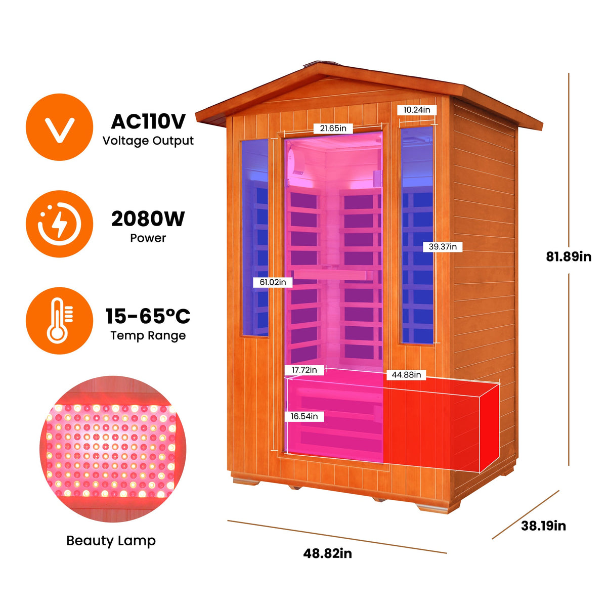 2-Person Outdoor Sauna | 2,000W Heating | Fir & Red Cedar Wood | LED Lighting