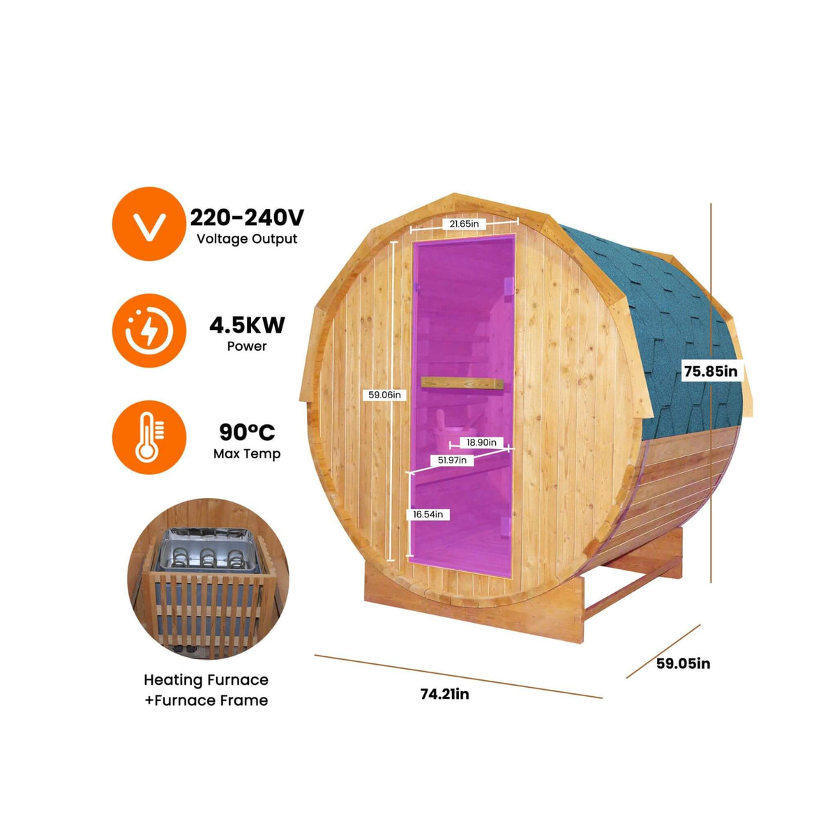 Ignite Large Premium American White Oak Outdoor Wooden Barrel Sauna With 4.5KW Sauna Heater