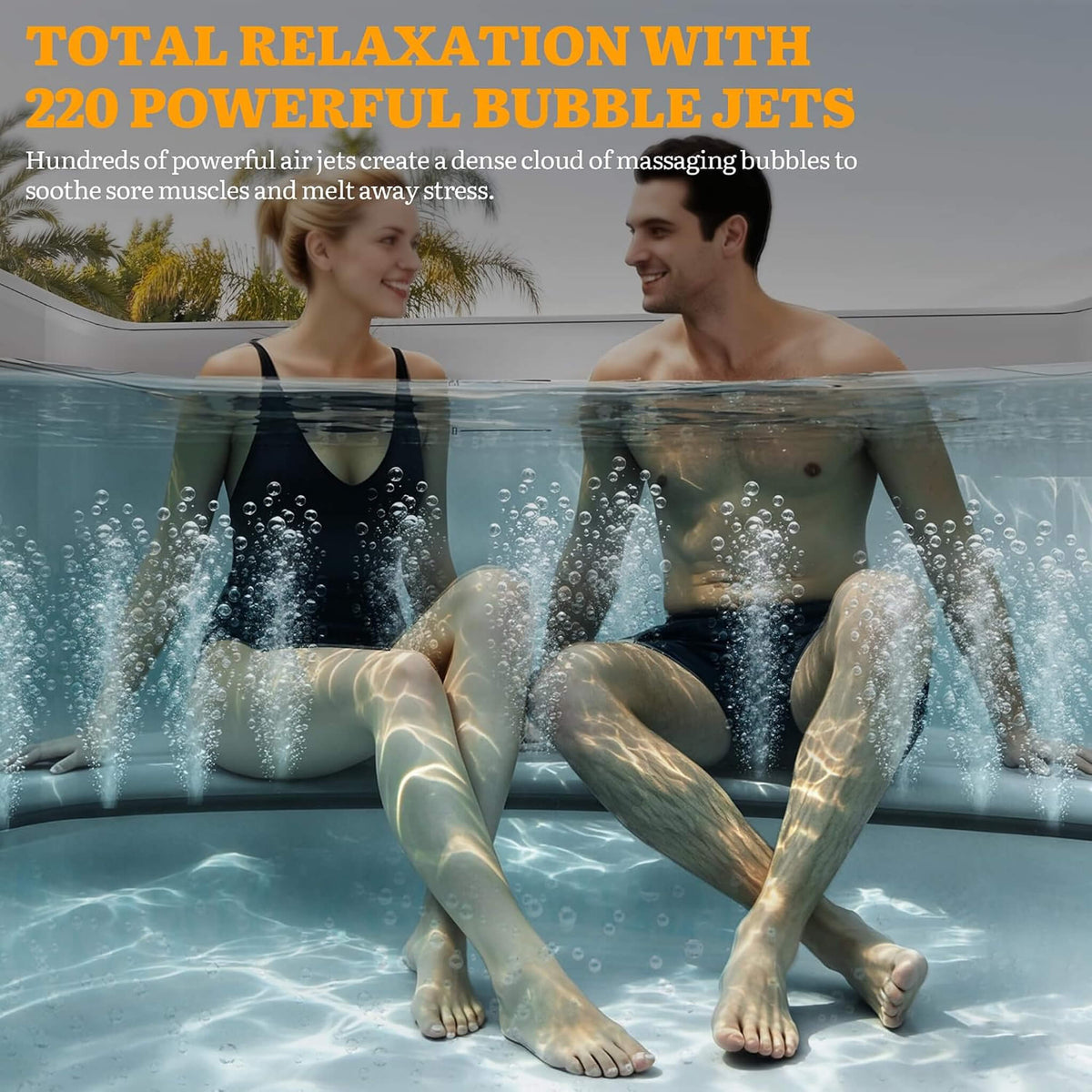 8-Person Inflatable Hot Tub, 85-Inch Square Spa, 220 Bubble Jets, 104°F, Natural Stone Design
