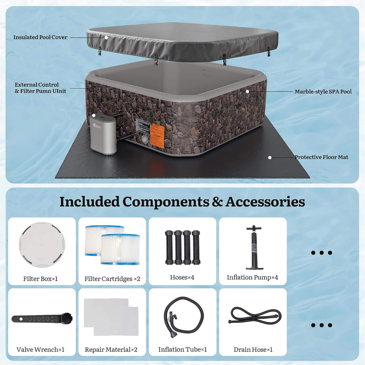 8-Person Inflatable Hot Tub, 85-Inch Square Spa, 220 Bubble Jets, 104°F, Natural Stone Design