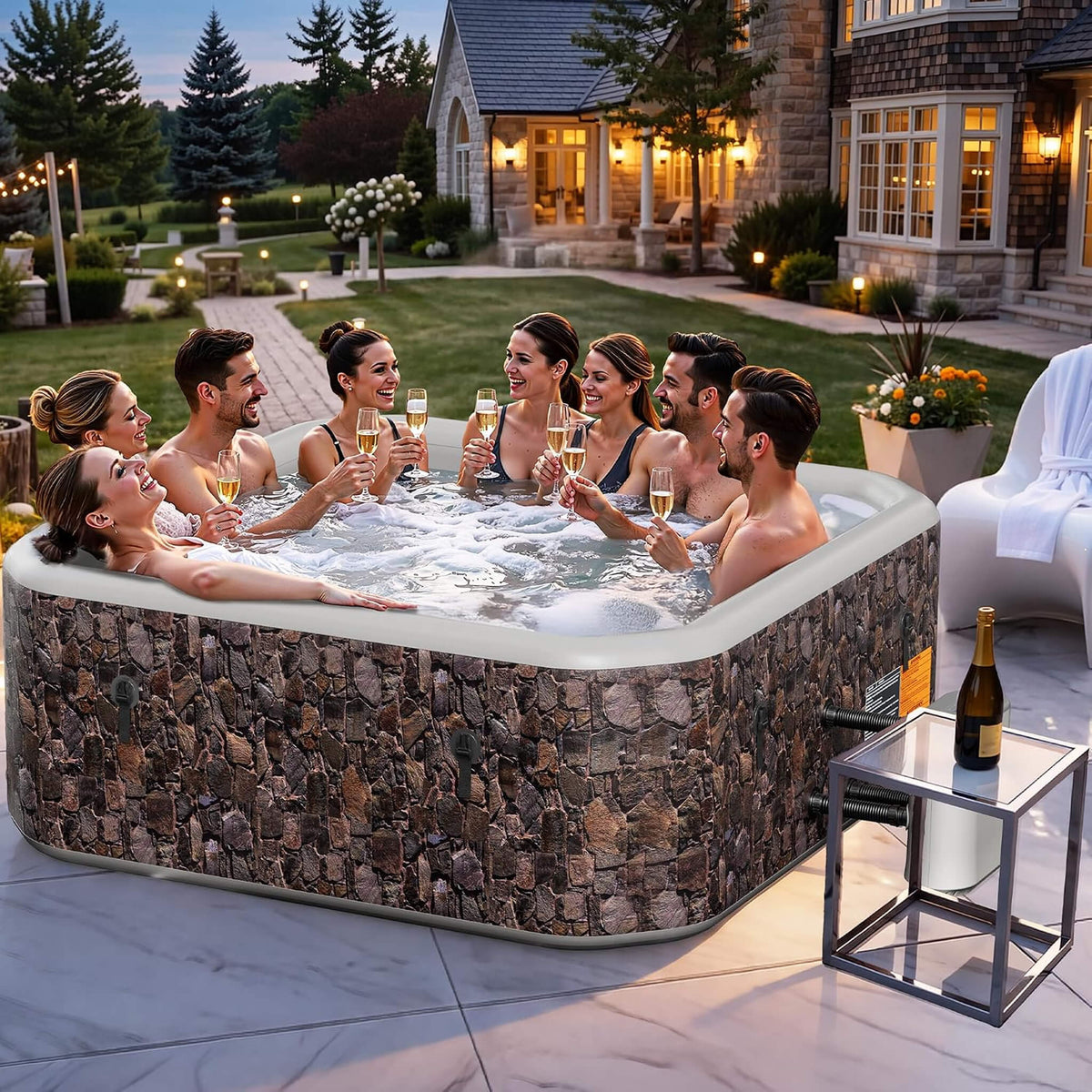 8-Person Inflatable Hot Tub, 85-Inch Square Spa, 220 Bubble Jets, 104°F, Natural Stone Design