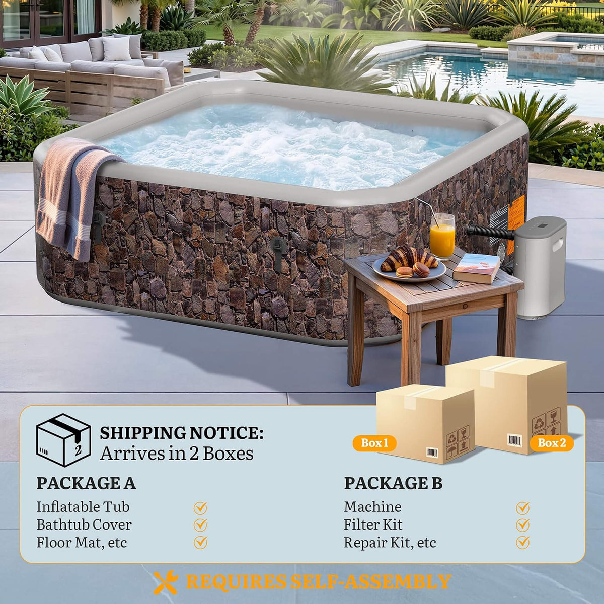 8-Person Inflatable Hot Tub, 85-Inch Square Spa, 220 Bubble Jets, 104°F, Natural Stone Design