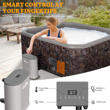 8-Person Inflatable Hot Tub, 85-Inch Square Spa, 220 Bubble Jets, 104°F, Natural Stone Design
