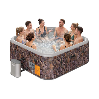 8-Person Inflatable Hot Tub, 85-Inch Square Spa, 220 Bubble Jets, 104°F, Natural Stone Design