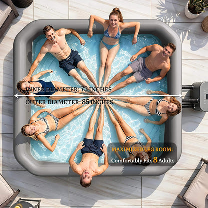 8-Person Inflatable Hot Tub, 85-Inch Square Spa, 220 Bubble Jets, 104°F, Natural Stone Design