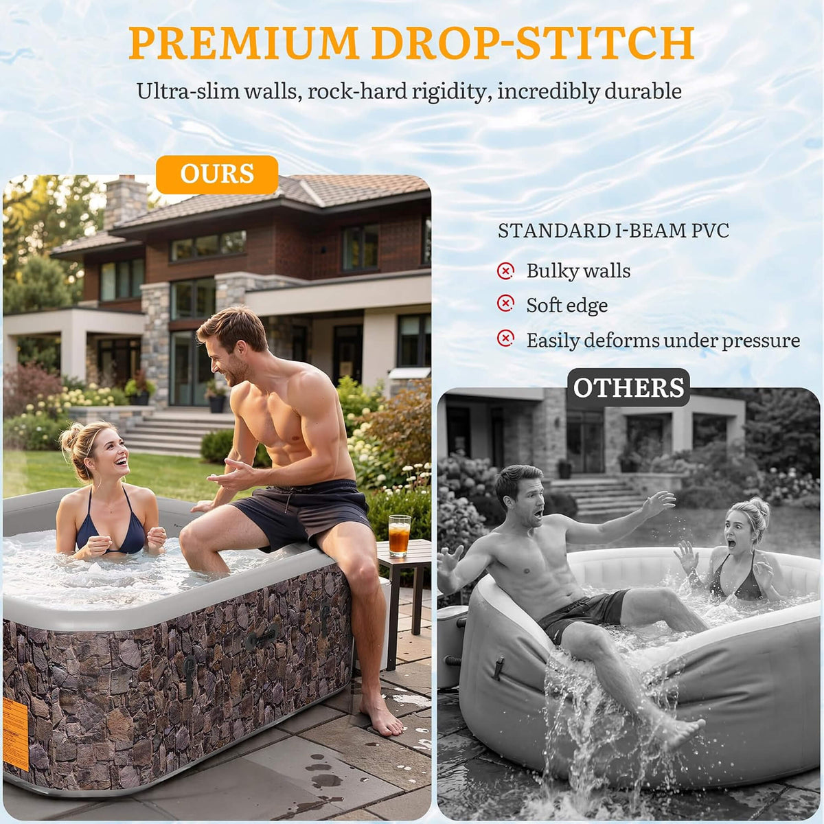 8-Person Inflatable Hot Tub, 85-Inch Square Spa, 220 Bubble Jets, 104°F, Natural Stone Design