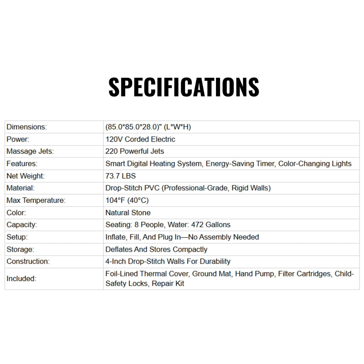 8-Person Inflatable Hot Tub, 85-Inch Square Spa, 220 Bubble Jets, 104°F, Natural Stone Design