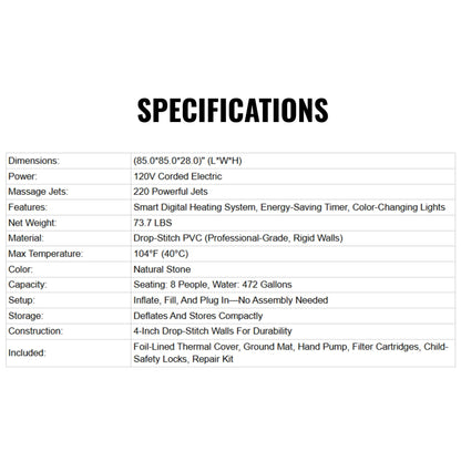 8-Person Inflatable Hot Tub, 85-Inch Square Spa, 220 Bubble Jets, 104°F, Natural Stone Design