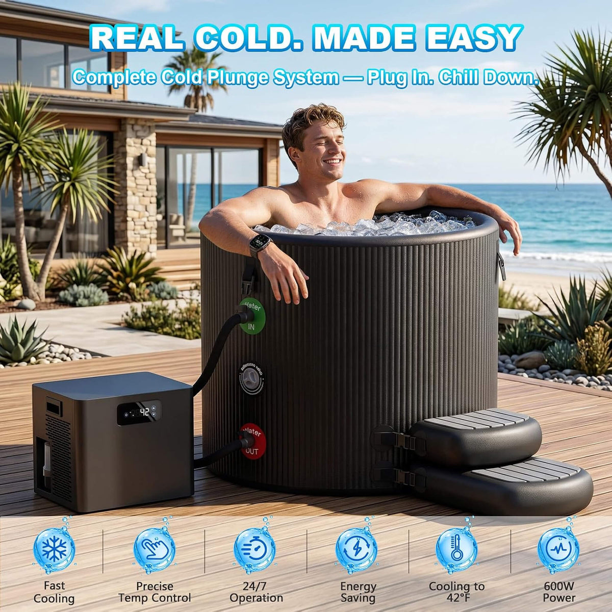 FCP Premium XL 120-Gallon Cold Plunge Tub Kit with 1/3 HP Chiller, Filter & Pump — SAK58283