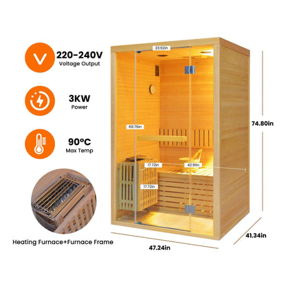 Alpine Premium 2-Person 3KW Hemlock Wood Sauna With LED Wall Light