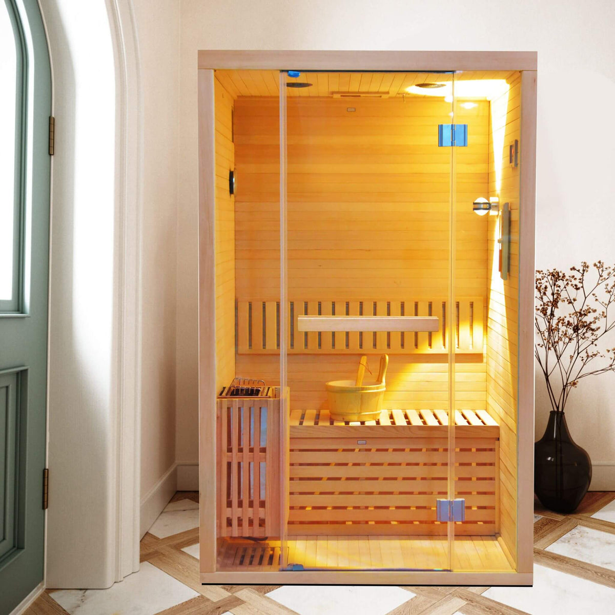 Alpine Premium 2-Person 3KW Hemlock Wood Sauna With LED Wall Light