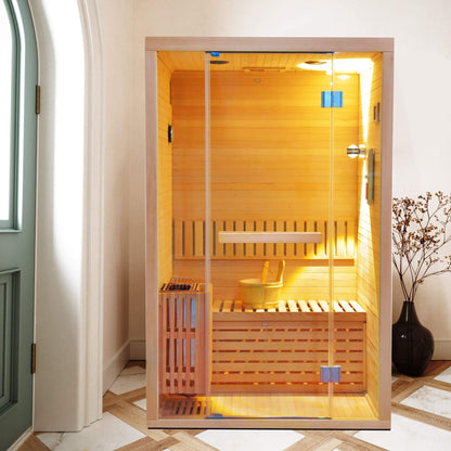 Alpine Premium 2-Person 3KW Hemlock Wood Sauna With LED Wall Light